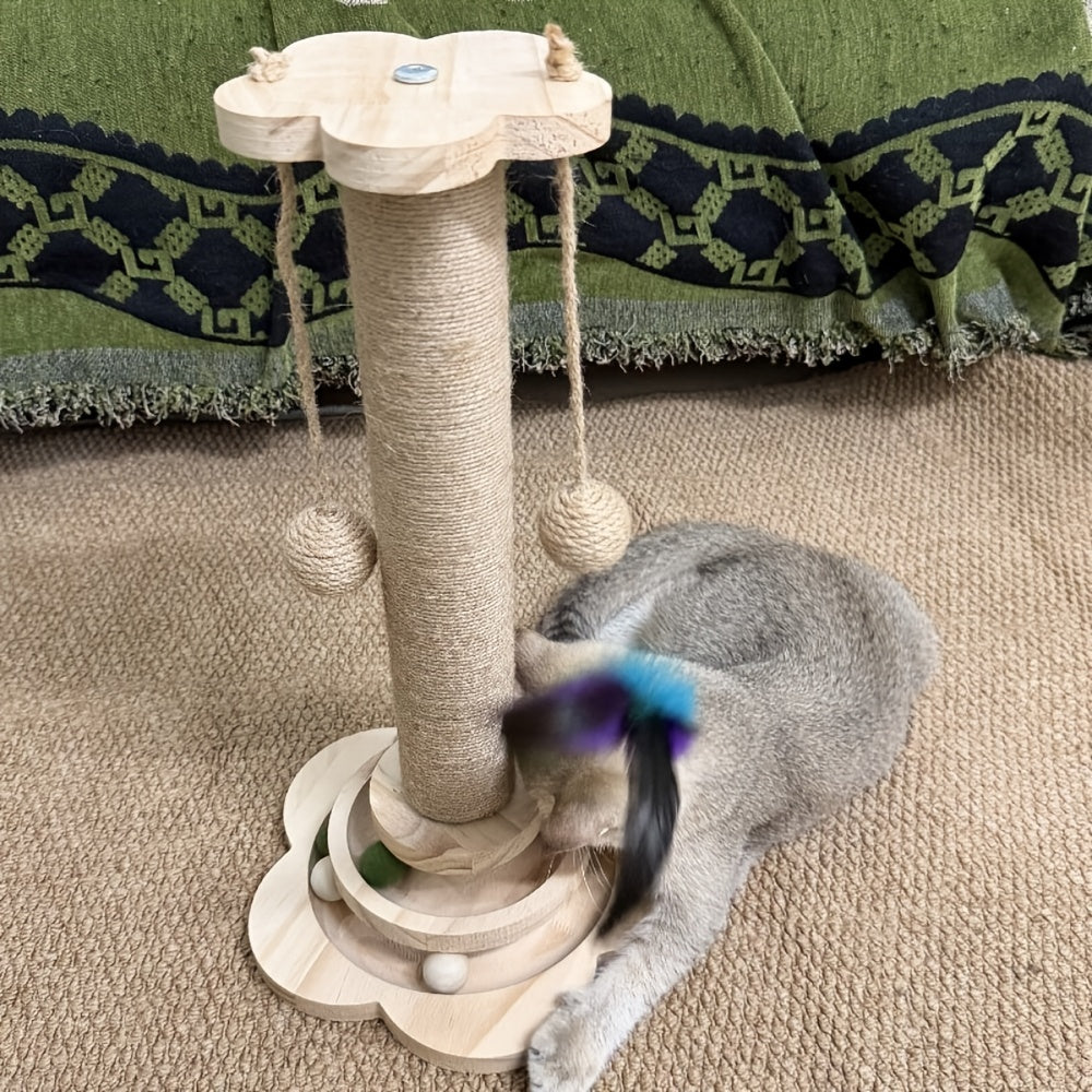 Cat Scratching Post with Ball Track, 18.1 Inch Sisal Scratcher with Hanging Balls and Feather Toy for Indoor Cats and Kittens, Brown