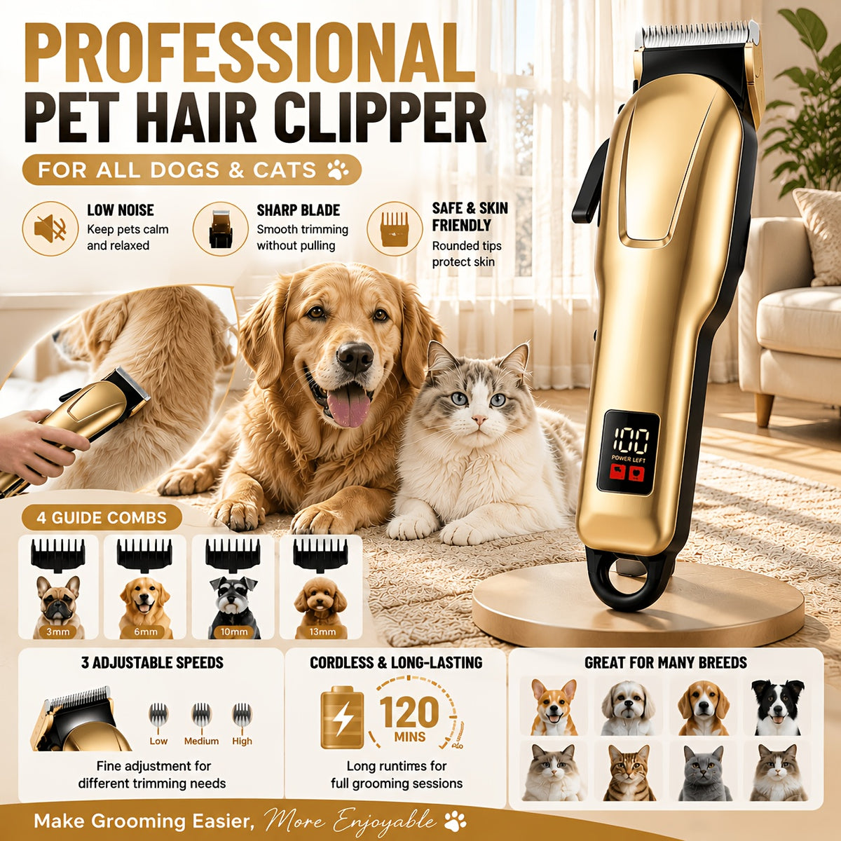 Cordless Pet Hair Clippers with 4 Guide Combs, Rechargeable Low-Noise Dog and Cat Grooming Trimmer with Ergonomic Grip in Golden or Pink