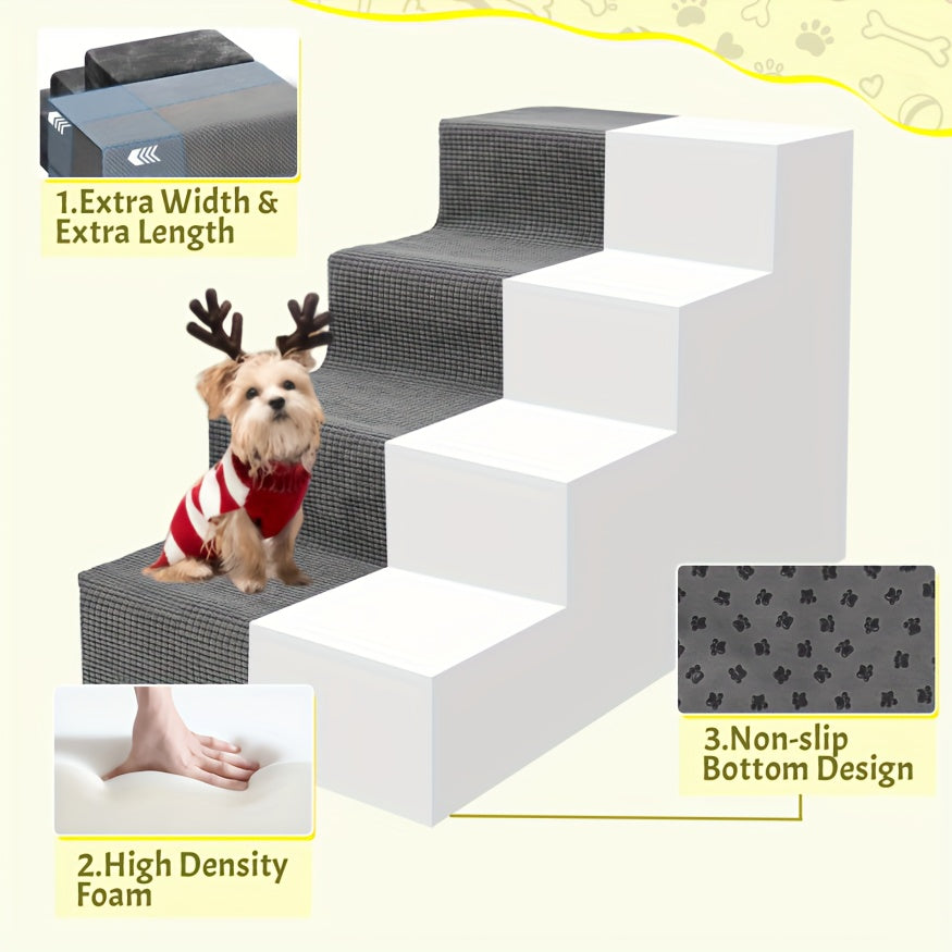 Foam Dog Stairs for Small Dogs, 5-Step Pet Steps with Supportive Board and Non-Slip Removable Washable Cover in Grey or Navy for Home Use