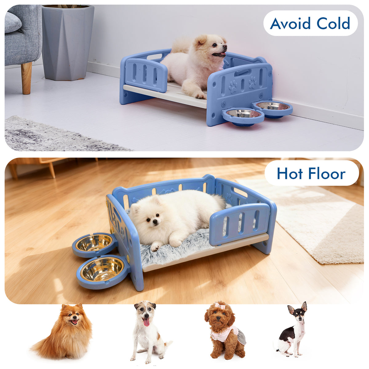 Elevated Dog Bed with Feeding Bowls, Plush Mat and Front Entry, Pink or Blue Pet Sofa with Paw-Print Side Panels for Small to Medium Dogs