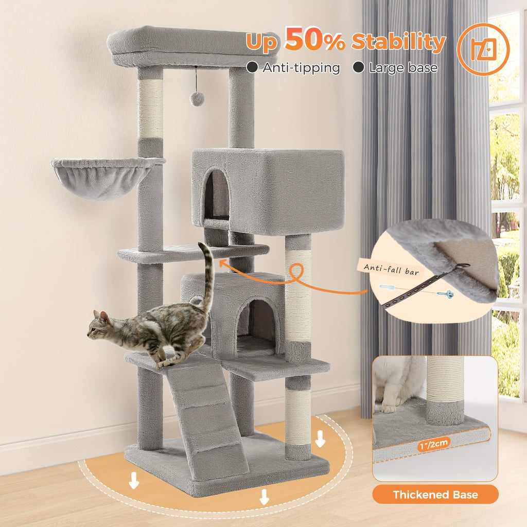 Cat Tree with Oversized Top Perch, 56.3 Inch Multi-Level Indoor Cat Tower with Hammock, Two Condo Hideaways and Scratching Posts, Five Colors