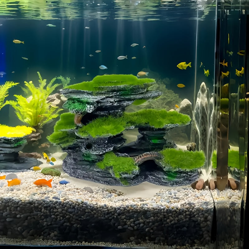 Aquarium Moss Rock Decoration, Multi-Layer Resin Fish Tank Ornament with Grass-Style Detailing for Shrimp and Fish Habitat Aquascaping