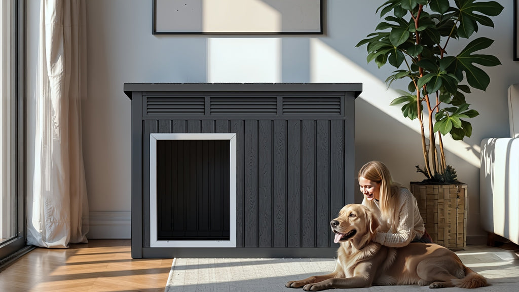 Dog House for Large Dogs Outdoor, All-Weather Resin Dog Shelter with Lift-Up Slant Roof and Ventilation Louvers, Windproof Rainproof UV-Resistant, 2 Sizes in Black or Gray