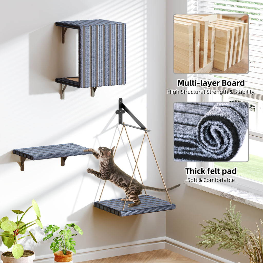 Wall Mounted Cat Shelves for Indoor Cats, Multi-Level Climbing Perches and Lounge Furniture in 2-in-1, 3-in-1 or 5-in-1 Space-Saving Options