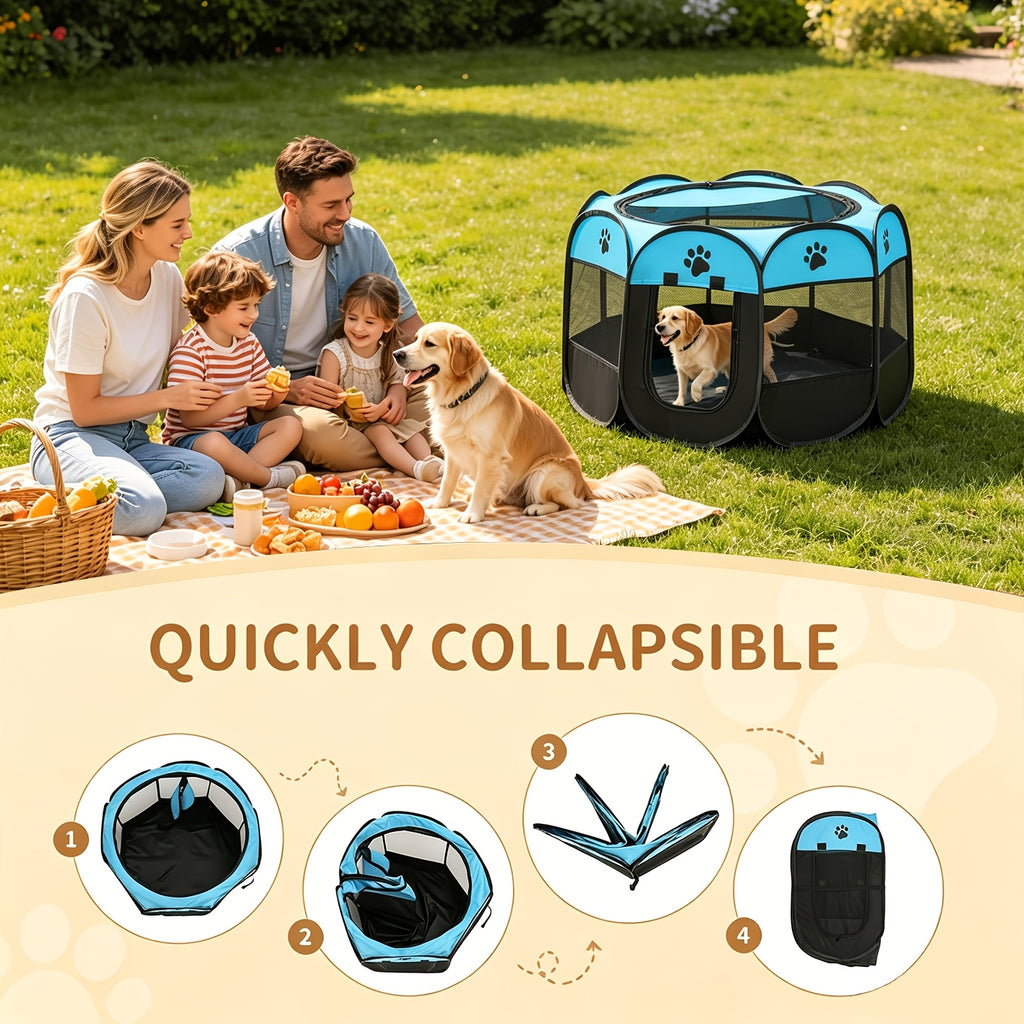 Foldable Puppy Playpen for Dogs and Cats, Octagonal Oxford Cloth Pet Tent in Blue or Off White for Supervised Indoor Rest and Outdoor Camping
