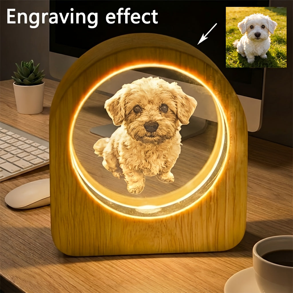 Custom LED Photo Crystal with Wood Base, Personalized Pet Portrait Keepsake with Name and Date for Pet Owners, Family and Anniversary Gifts