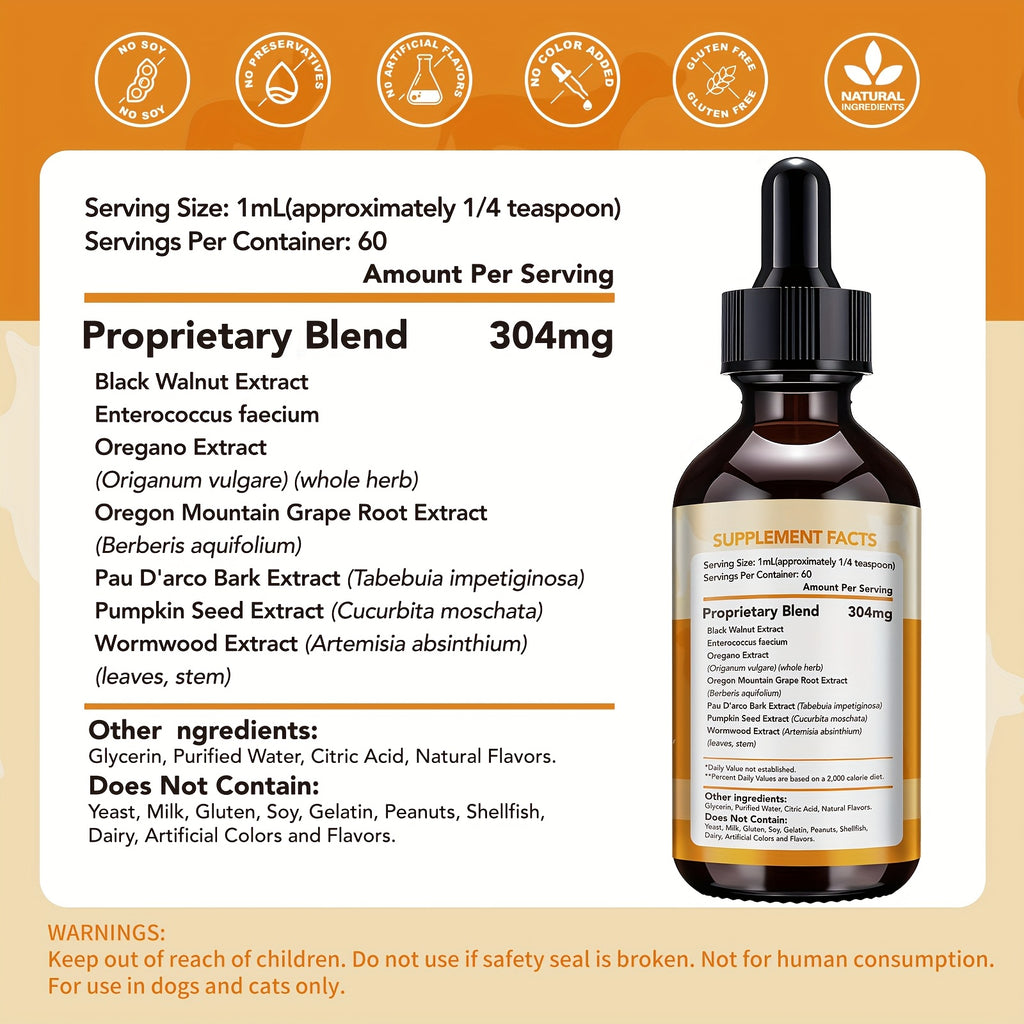 Pet Supplement Drops with Black Walnut and Pumpkin Seed, 2 fl oz Liquid Format with One, Two or Three Bottle Options for Veterinarian-Guided Care