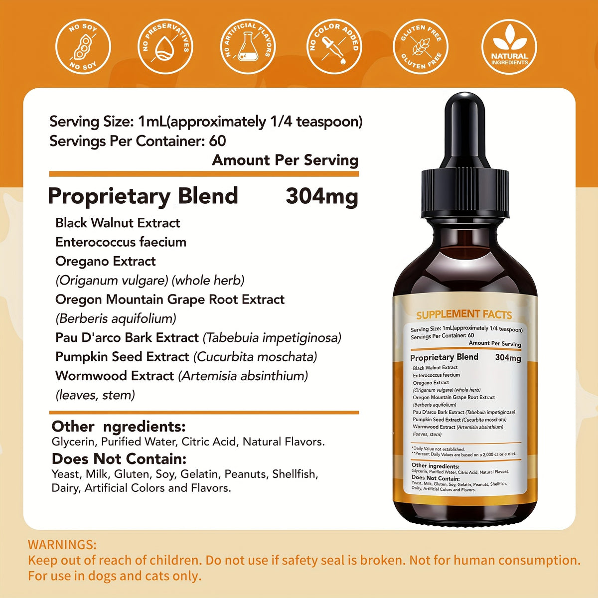 Pet Supplement Drops with Black Walnut and Pumpkin Seed, 2 fl oz Liquid Format with One, Two or Three Bottle Options for Veterinarian-Guided Care