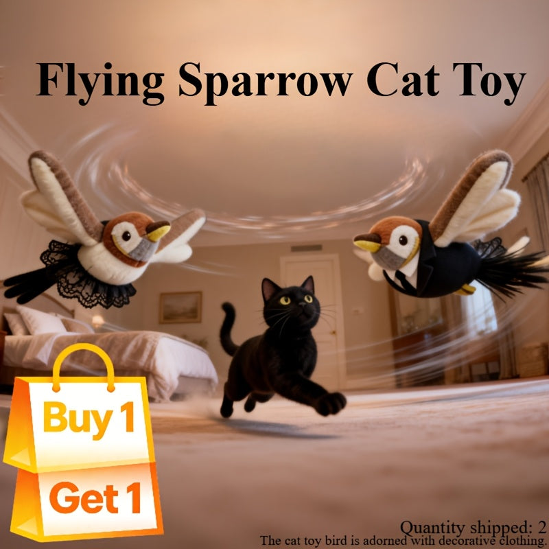 Rechargeable Bird Cat Toy 2-Pack, Cordless Flying Sparrow with Fluttering Wings and Jumping Motion for Supervised Indoor and Outdoor Play
