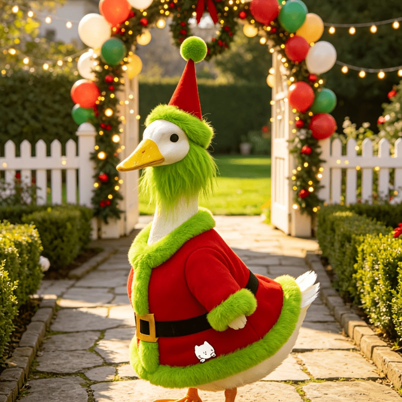 Santa Porch Goose Outfit for 23-Inch Decorative Goose Displays, Christmas Two-Piece Costume in Green Hair or White Hair Options for Holiday Entryway Decor