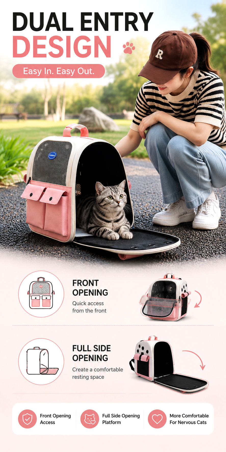 Front Opening Pet Carrier Backpack for Cats, Small Dogs and Puppies, Breathable Foldable Travel Bag with Safety Hook and Storage Pockets