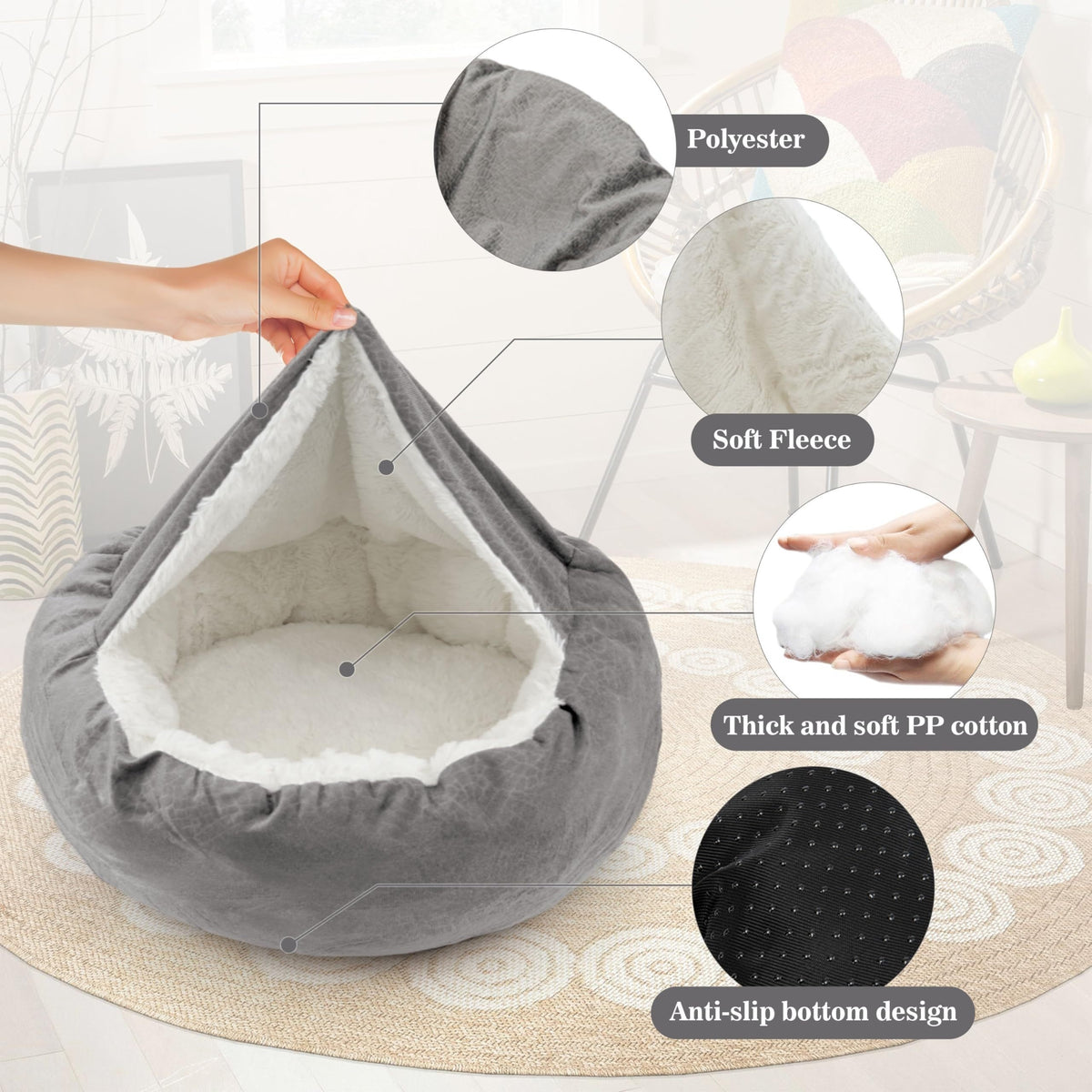 Donut Cave Dog Bed with Hooded Blanket, Fluffy Round Pet Nest with Raised Edges and Non-Slip Bottom for Indoor Dogs and Cats, Beige or Grey