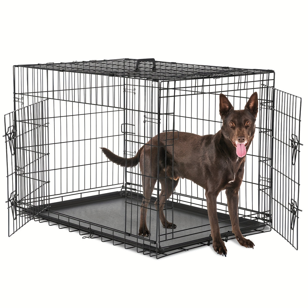Folding Dog Crate 36 Inch with Divider and Removable Tray, Reinforced Metal Portable Pet Kennel for Indoor Use and Supervised Outdoor Setup