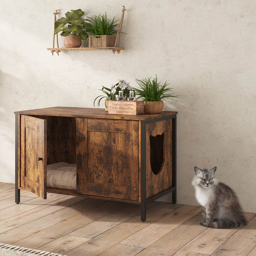 Cat Litter Box Enclosure with Removable Divider, Retro Brown Hidden Litter Furniture and Cat Hideout End Table for Pet Supply Storage