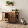 Cat Litter Box Enclosure with Removable Divider, Retro Brown Hidden Litter Furniture and Cat Hideout End Table for Pet Supply Storage