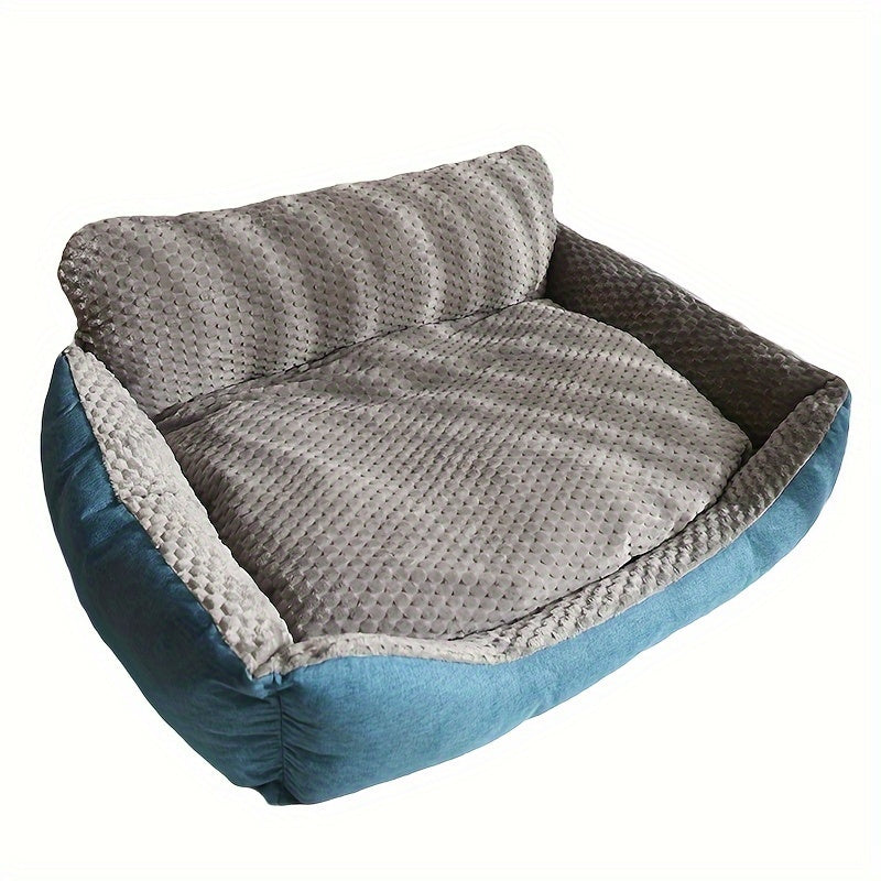 High Back Dog Sofa Bed with Plush Textured Cushion, Blue and Gray Bolster Pet Couch in Four Sizes for Small to Large Dogs and Cozy Indoor Rest