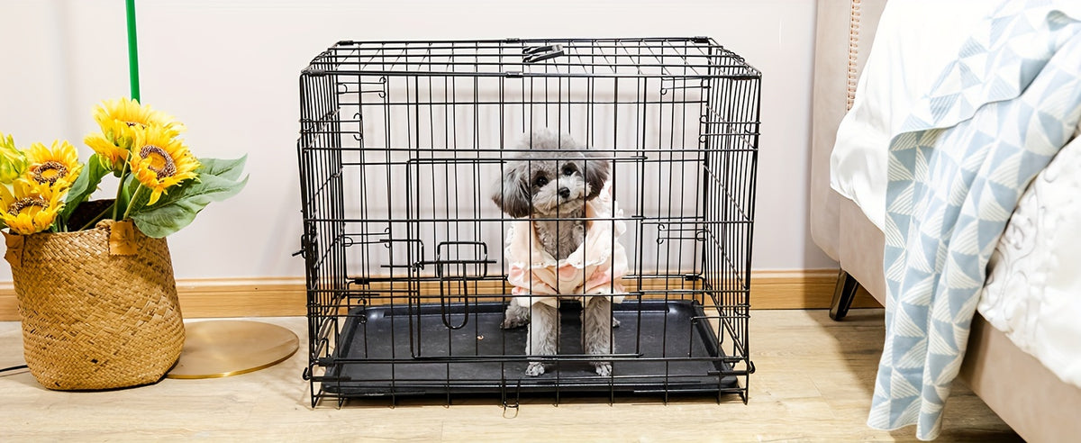Double Door Dog Crate with Divider Panel, Folding Metal Wire Pet Kennel with Leak-Proof Plastic Tray in 24.41 or 30.31 Inch Sizes
