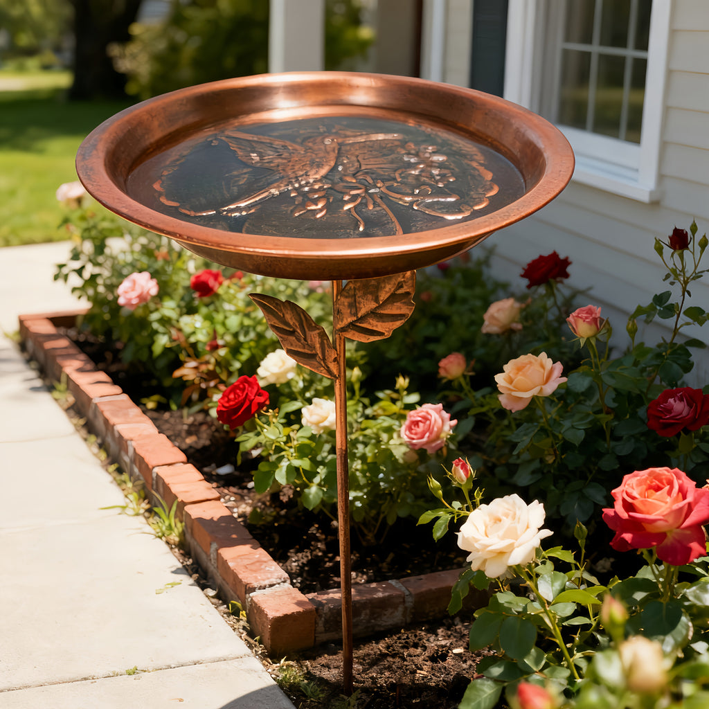 Decorative Bird Bath with Dragonfly or Butterfly Basin, Bronze-Tone Metal Garden Water Dish with Ground Stake for Outdoor Yard and Flower Bed Decor