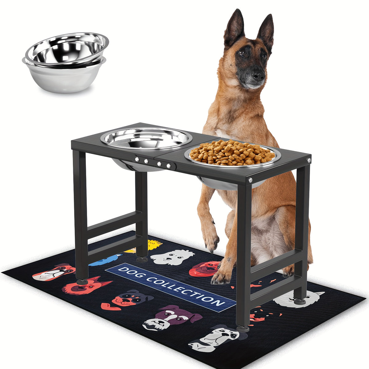 Raised Dog Feeding Station with Two 2L Stainless Steel Bowls, Metal Stand and Splash Mat for Large Dogs, 10 or 15.5 Inch Height Options