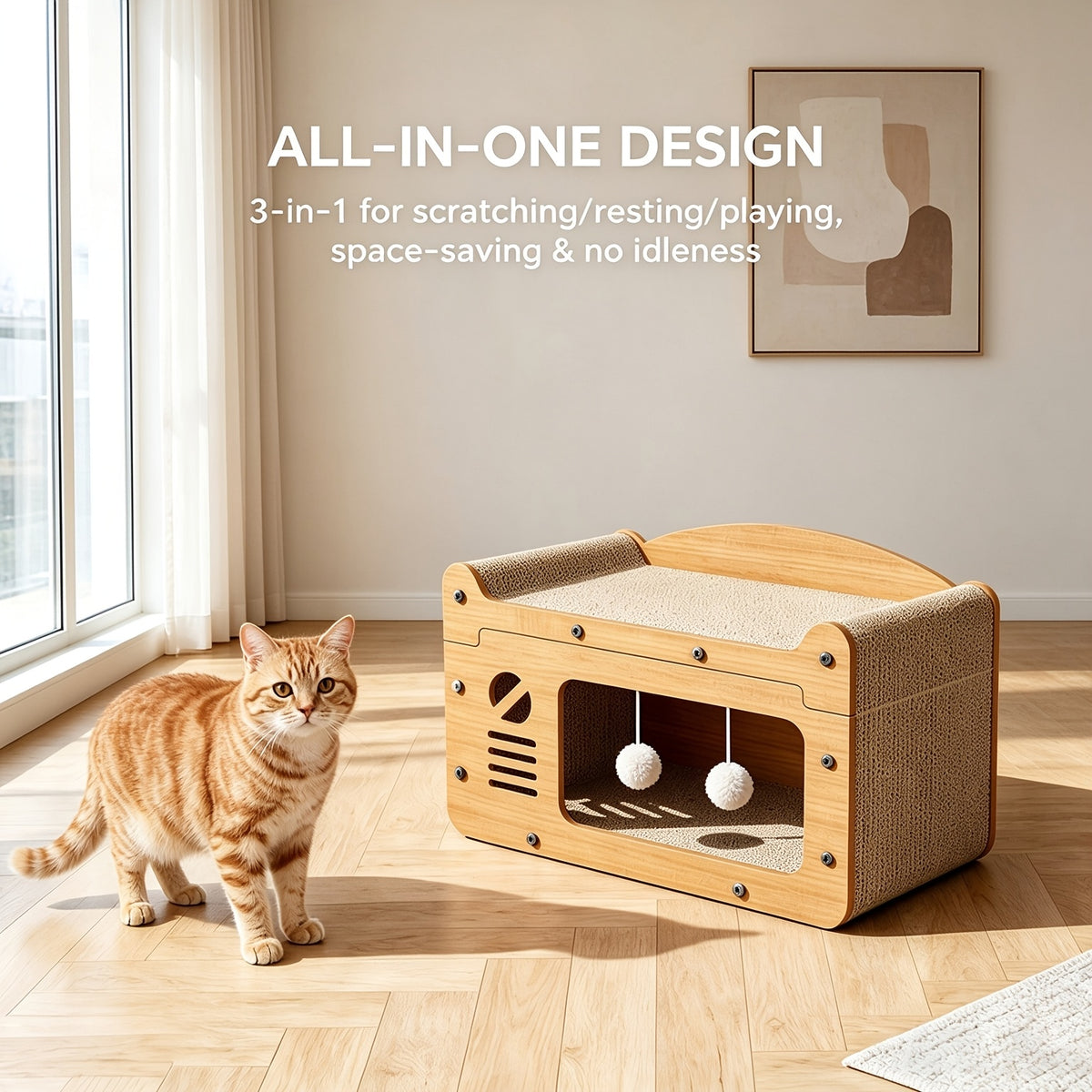 Cat Scratcher House with Dual Openings, Brown Corrugated Cardboard Cat-Face Hideout Bed and Hanging Toy Balls for Indoor Cats to Scratch, Rest and Play