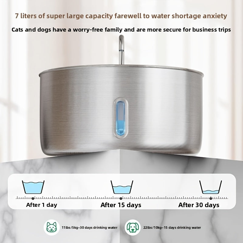 Dog Water Fountain FT007 7L, Stainless Steel USB Powered Pet Drinking Dispenser with Water Level Window and Filtration for Cats and Multi-Pet Homes