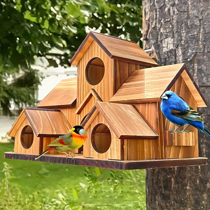 Villa Style Wooden Birdhouse with Multiple Entry Openings, Compact Wood Color Bird House for Outdoor Garden Decor and Bird Lover Gifts