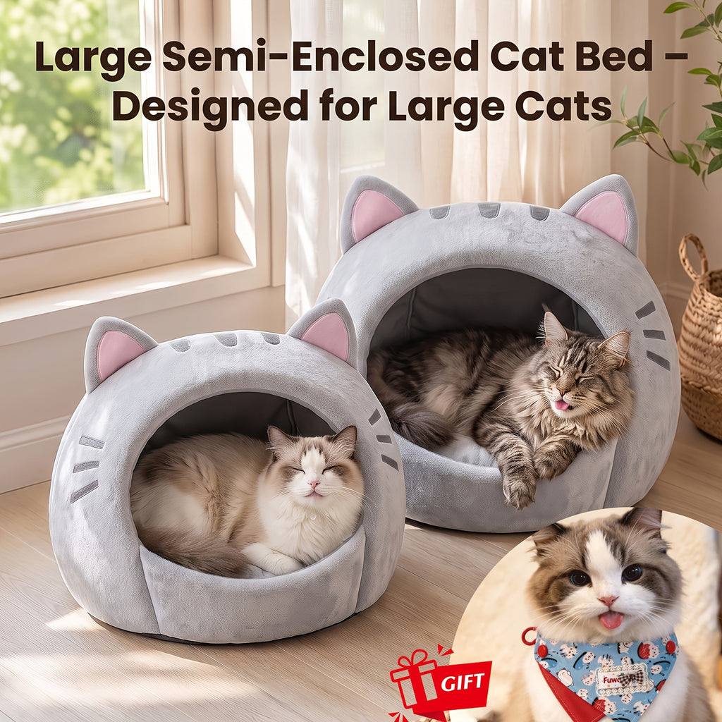 Enclosed Cat Bed with Washable Cushion, Gray Plush Cat Tent with Hanging Toy Ball, S to XL Indoor Cat House with Included Pet Bandana