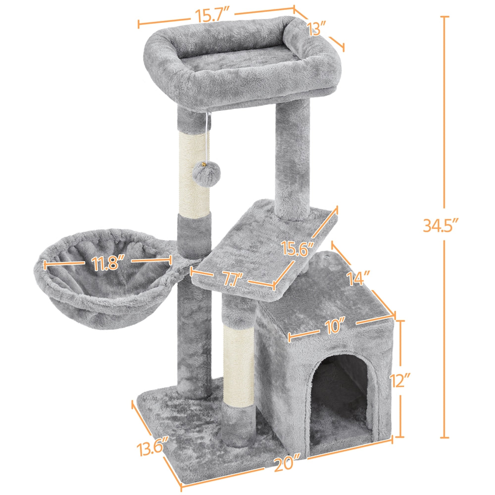 Cat Tree 34.5 Inch with Condo and Basket, Plush Indoor Cat Tower with Nest, Platform, Three Sisal Scratching Posts and Scratching Board in Five Colors