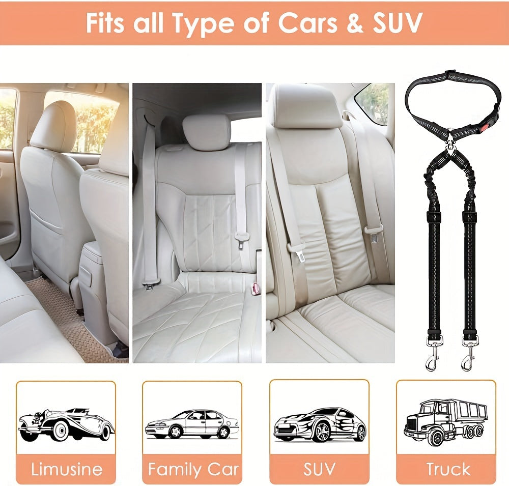 Dual Dog Car Seat Belt with Adjustable Headrest Loop, Two Bungee Tether Straps and Metal Clips for Two-Dog Travel in Red, Rose Red or Black