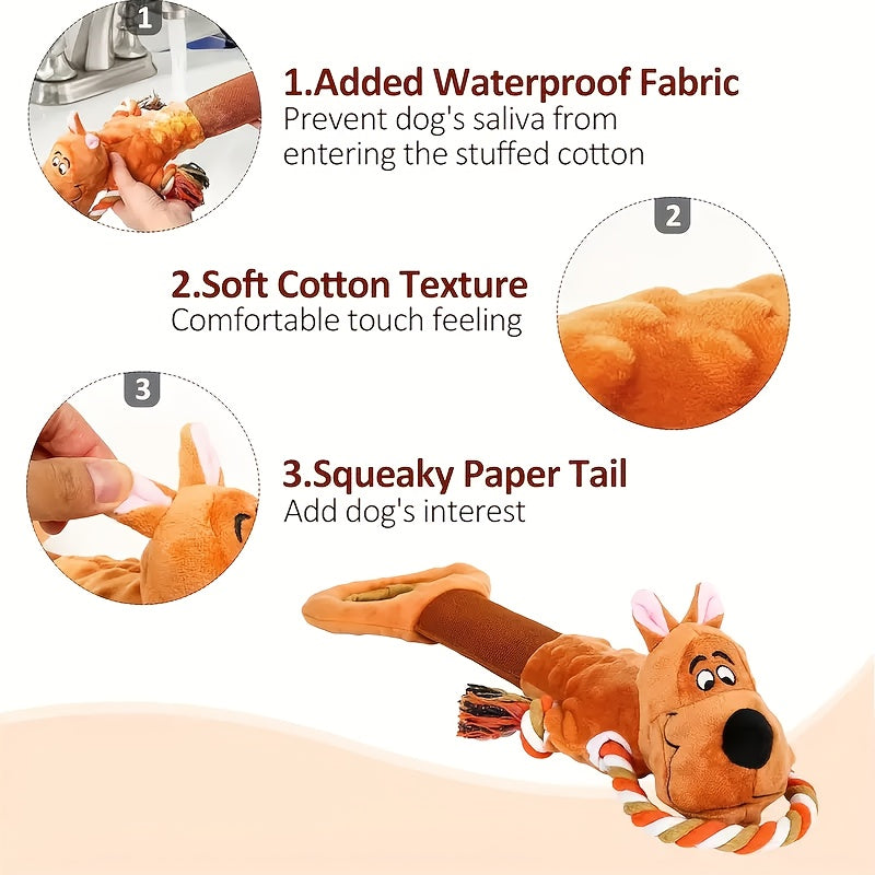 Plush Tug Dog Toy with Crinkle Paper and Squeaker, Soft Rope-Body Animal Toy for Supervised Gentle Play, Bear, Dinosaur, Monkey or Hippo Styles