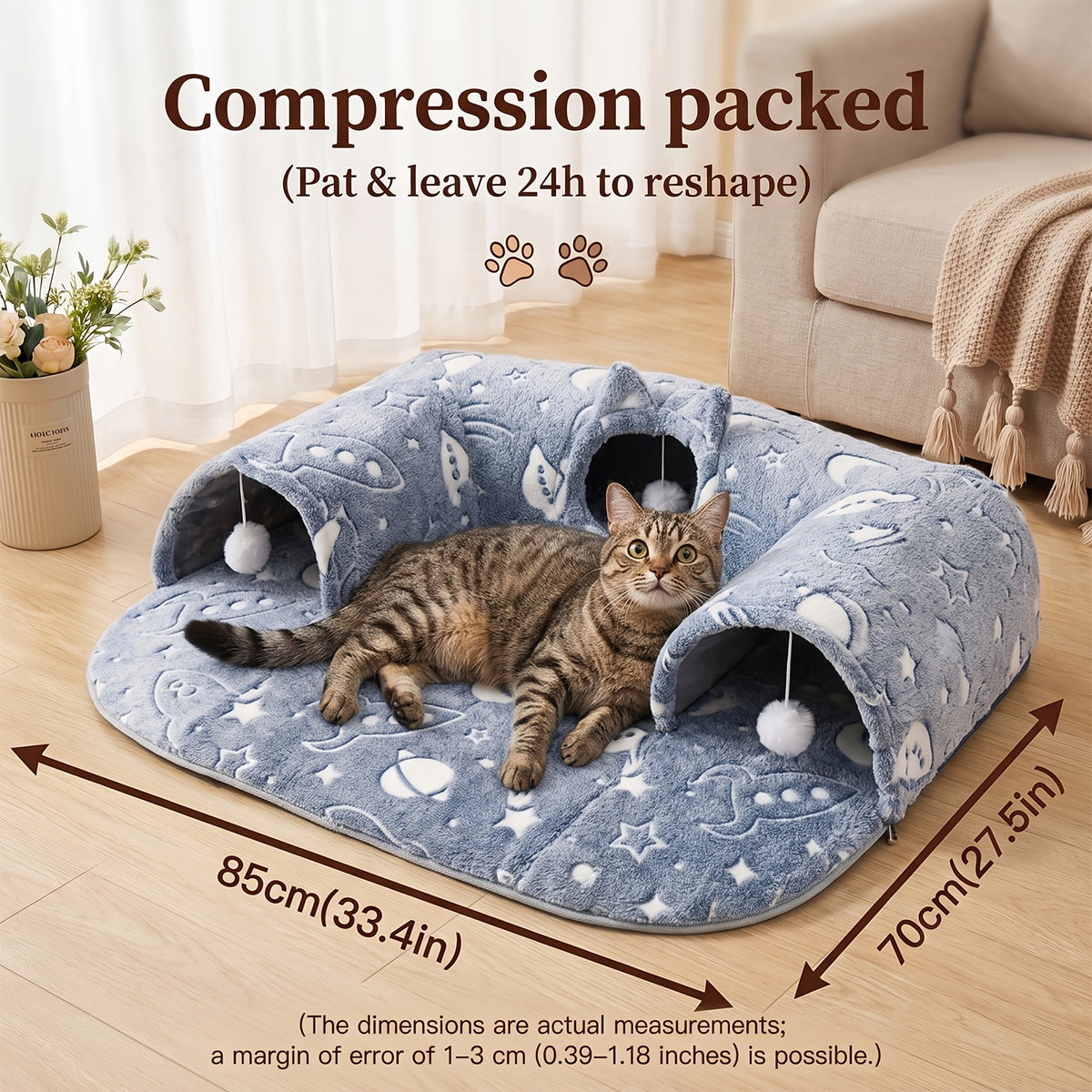 Detachable Cat Tunnel Bed with Plush Lounge and Hanging Pom-Pom Ball, S and M Indoor Cat Nest with Optional Glow-in-the-Dark Stars and Moon