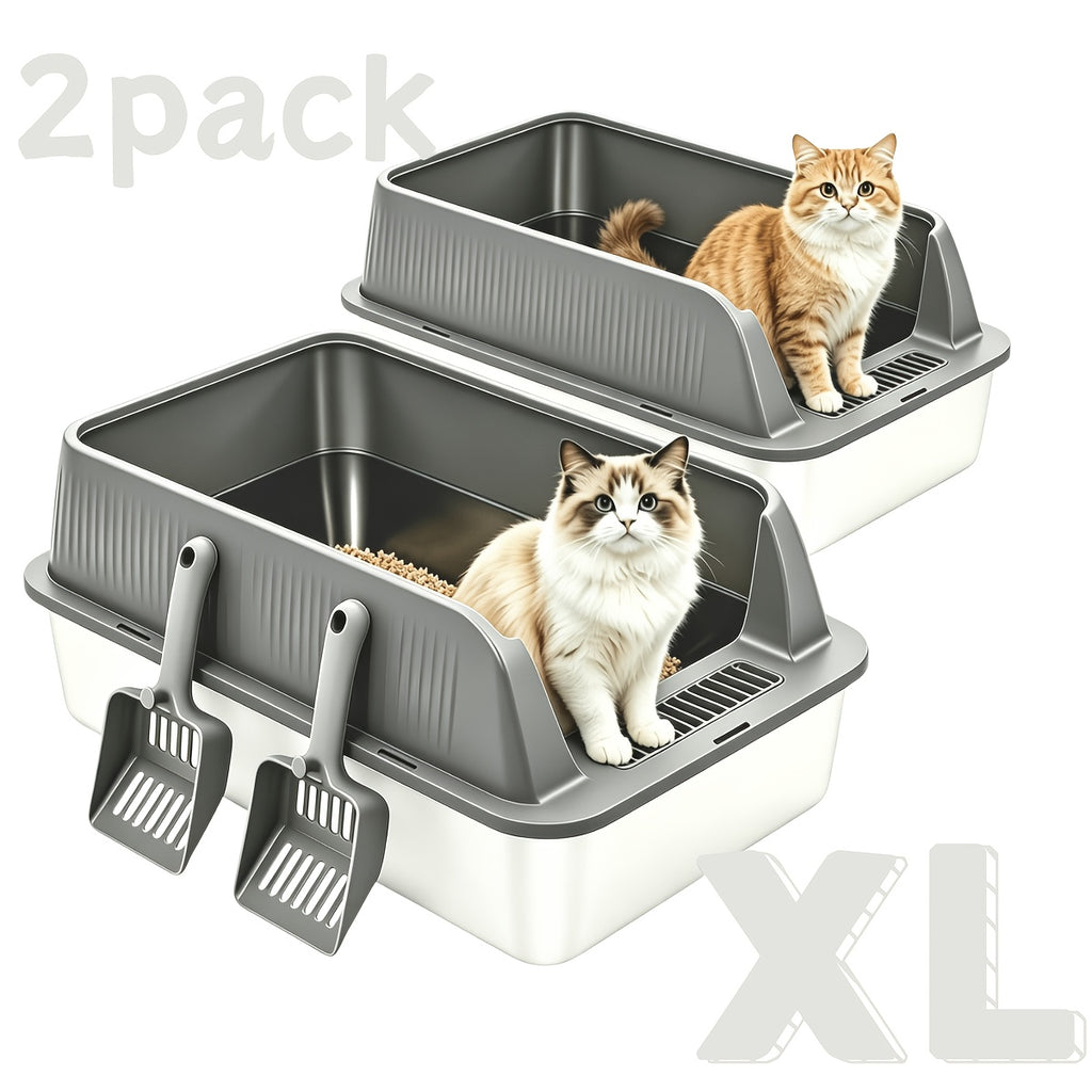 Stainless Steel Litter Box 2 Pack with High-Sided Open-Top Covers and Scoops, Easy-Clean Metal Cat Litter Pans in L or XL for Indoor Cat Care