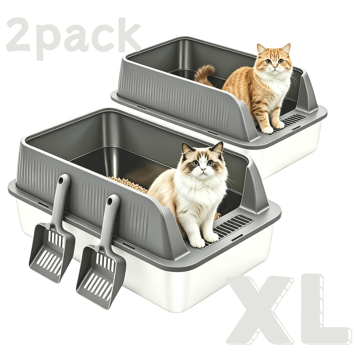 Stainless Steel Litter Box 2 Pack with High-Sided Open-Top Covers and Scoops, Easy-Clean Metal Cat Litter Pans in L or XL for Indoor Cat Care