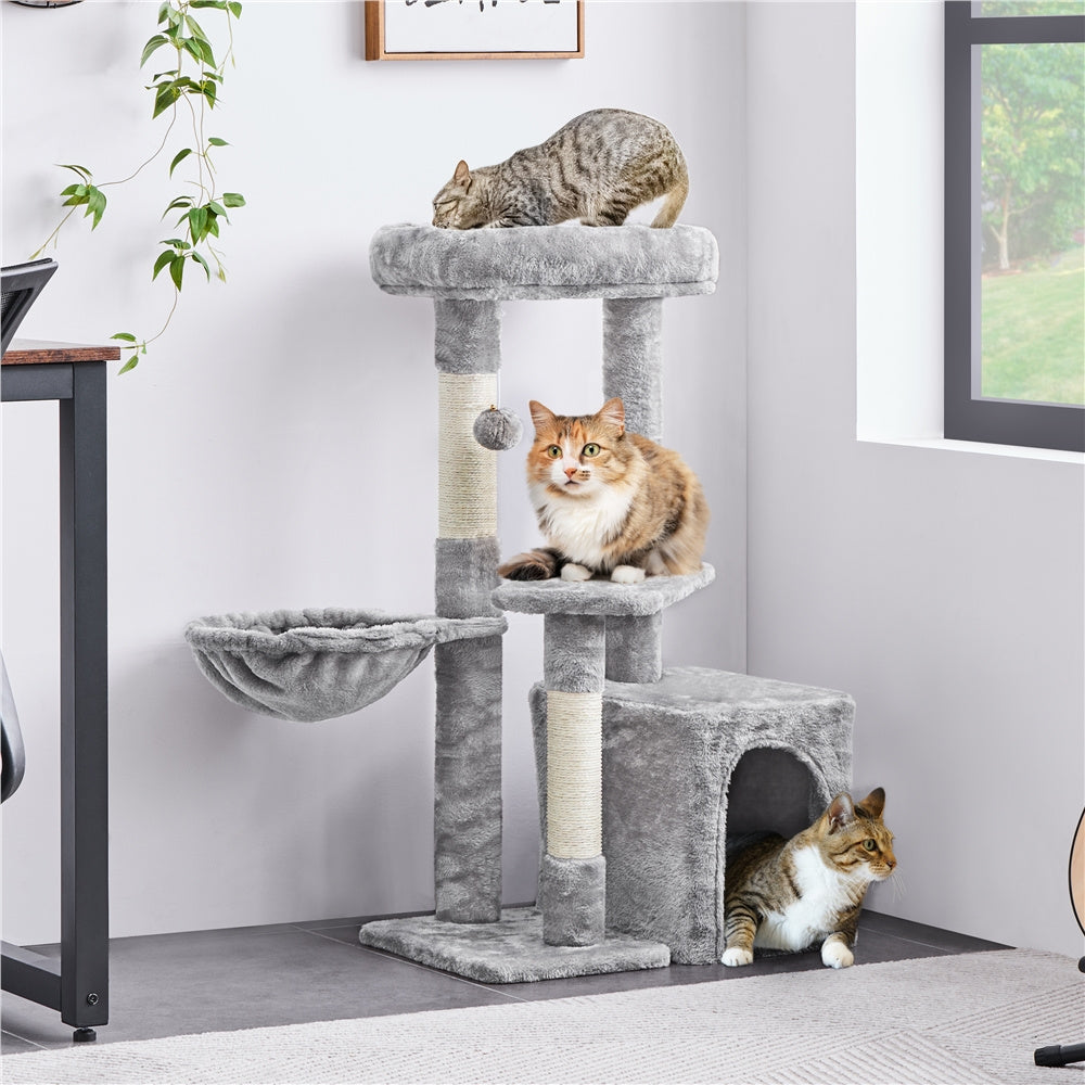 Cat Tree 34.5 Inch with Condo and Basket, Plush Indoor Cat Tower with Nest, Platform, Three Sisal Scratching Posts and Scratching Board in Five Colors