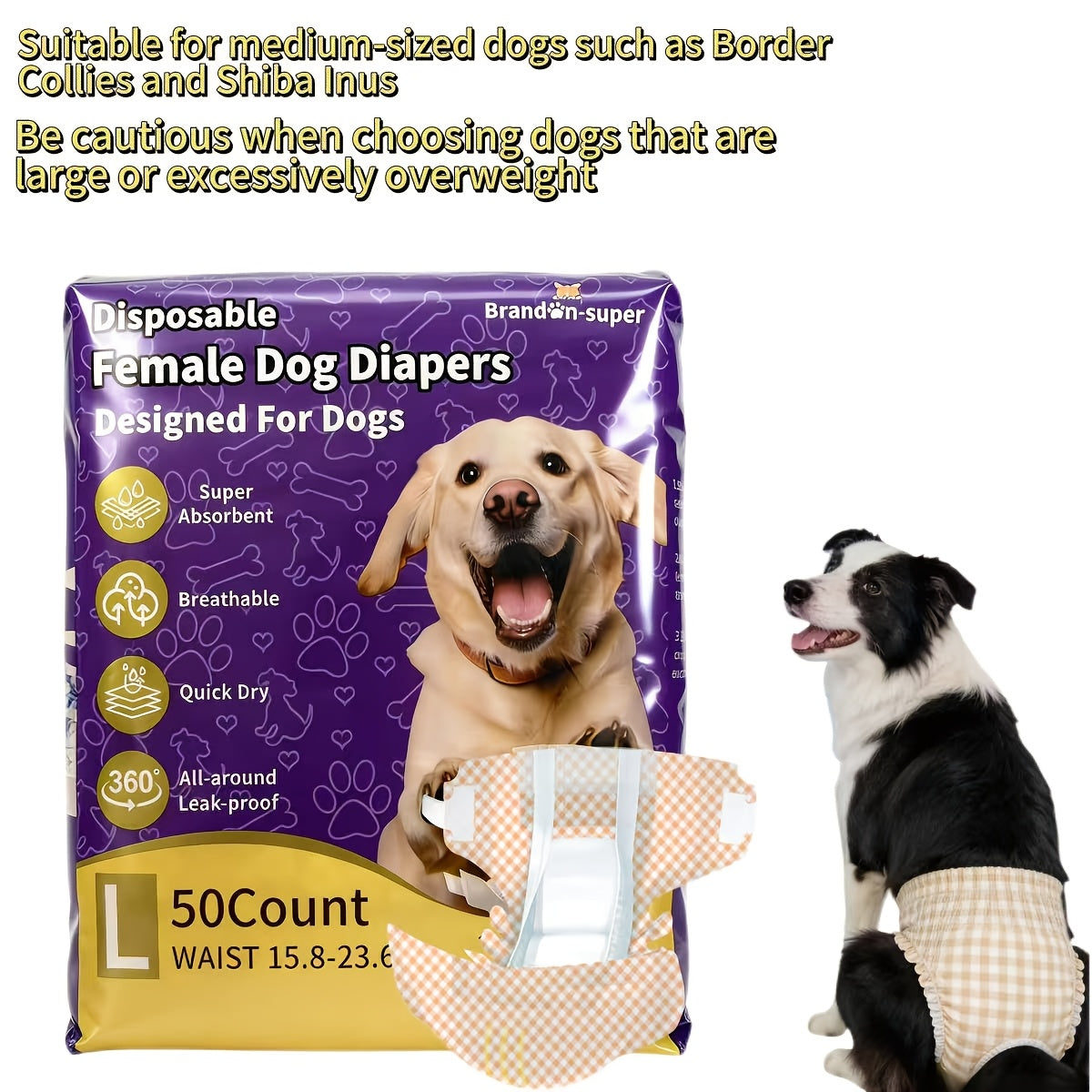 Absorbent Disposable Dog Diapers 50 Pack, Male and Female Style Options in XS to L for Puppies, Senior Dogs and Everyday Accident Care