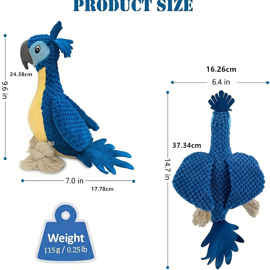 Squeaky Parrot Dog Toy with Rope, Blue Crowned Bird Plush Companion for Supervised Gentle Tug, Interactive Indoor Play and Dog Birthday Gifts