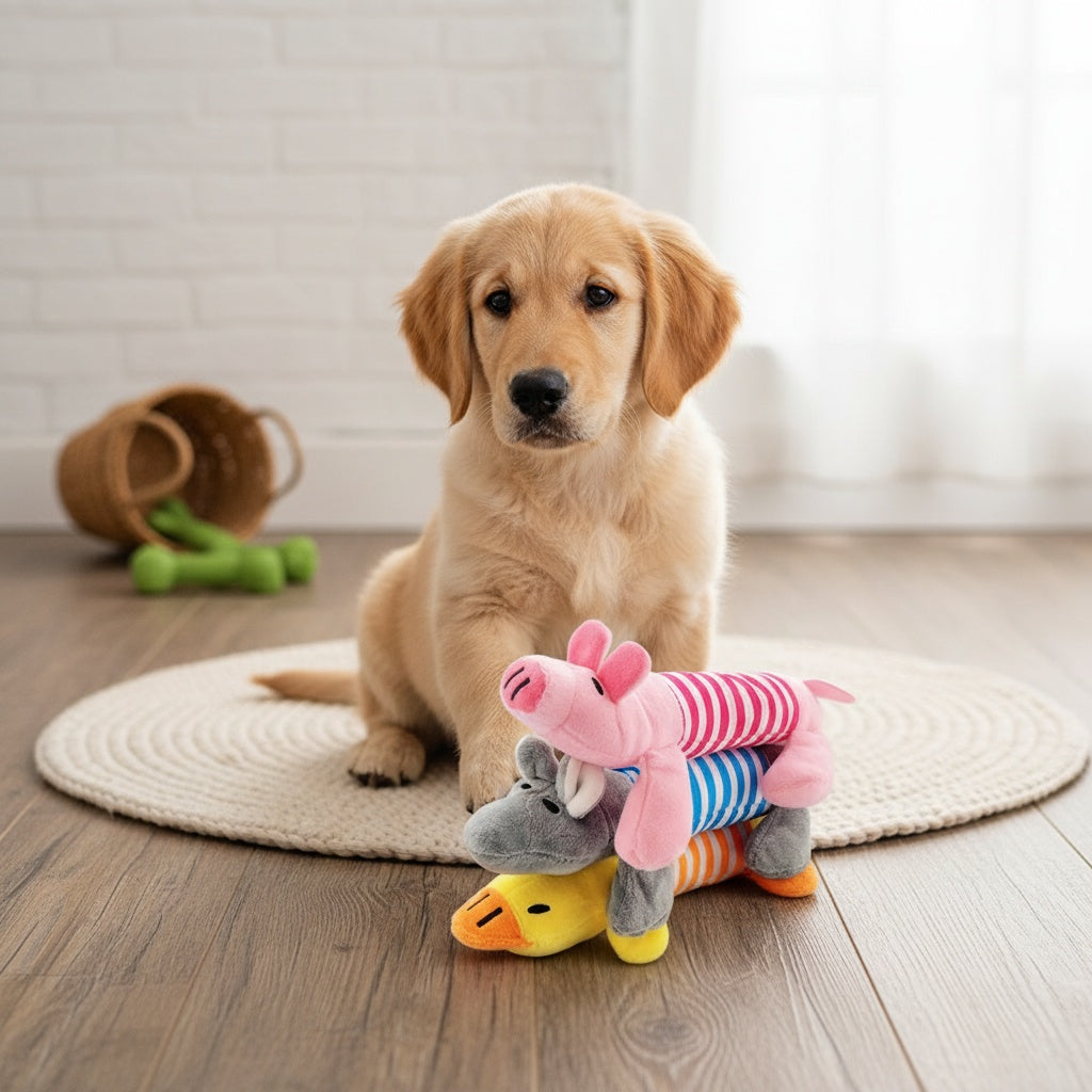 Squeaky Dog Toys with Striped Plush Design, 3 Pack 7.5 Inch Soft Stuffed Animal Toys in Assorted Colors for Small and Medium Dogs, Supervised Gentle Play