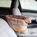 Center Console Dog Car Seat for Small Dogs and Cats up to 10 lbs, Plush-Lined Armrest Pet Travel Bag with Carry Straps, Khaki or Dark Gray