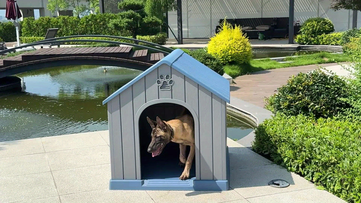 Outdoor Dog House 38 Inch in Blue, Resin Pet Shelter with Peaked Roof, Raised Floor and Decorative Cut-Outs for Indoor and Backyard Use