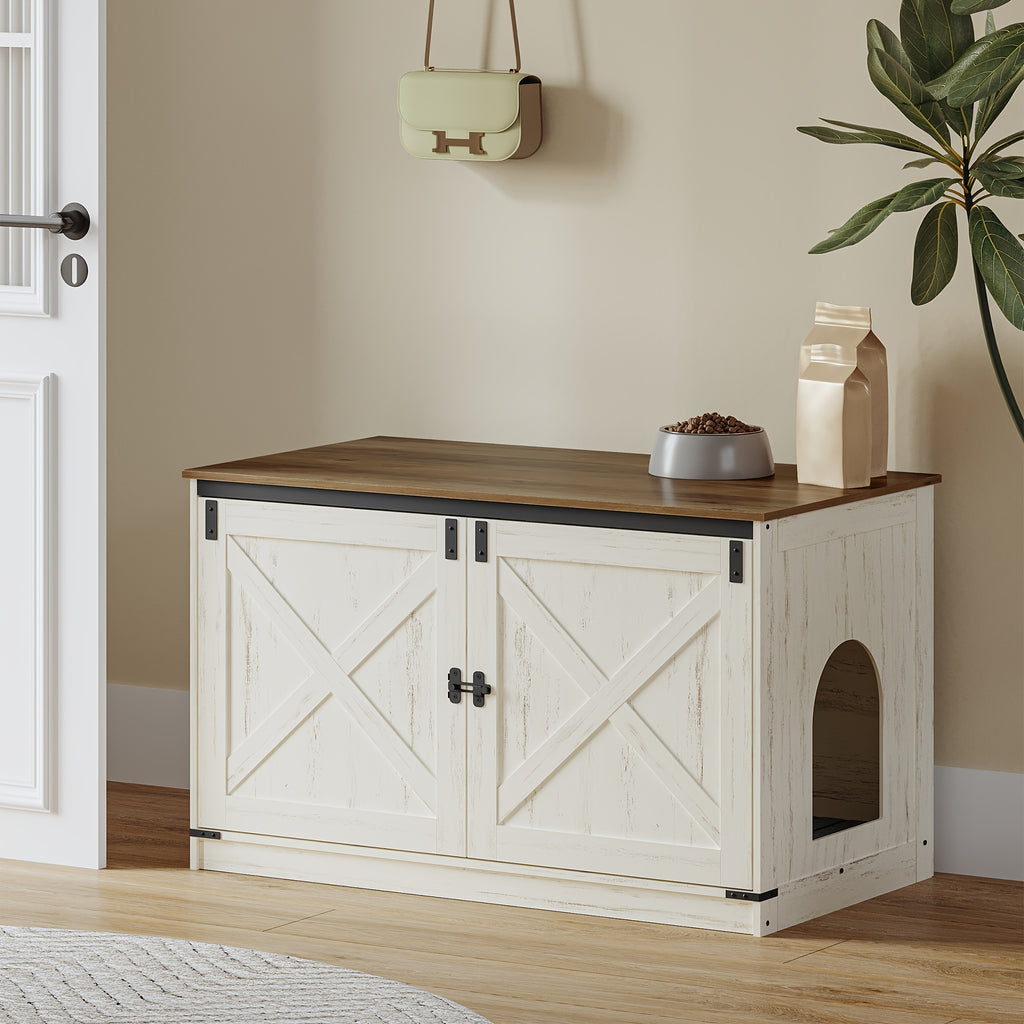 Hidden Litter Box Furniture with Barn Doors, Farmhouse Cat Cabinet with Reversible Entrance, Removable Divider and Ventilation Holes