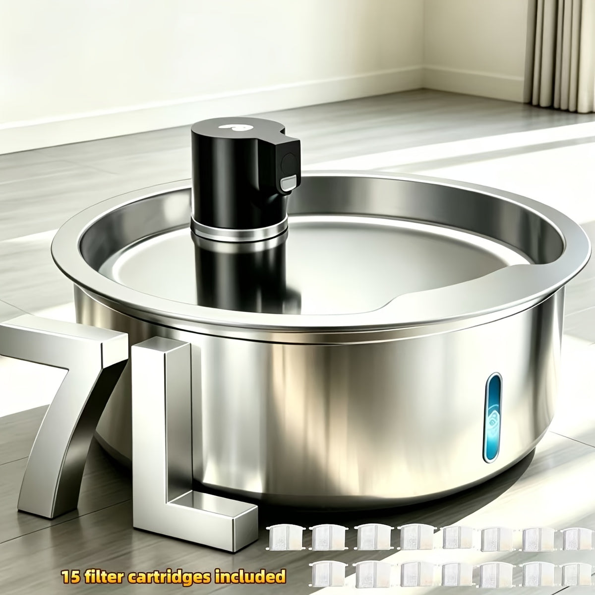 Pet Water Fountain 1.85 Gallon with Filter Bundles, Stainless Steel USB Powered Drinking Dispenser for Cats and Dogs, 5, 8 or 15 Cartridges