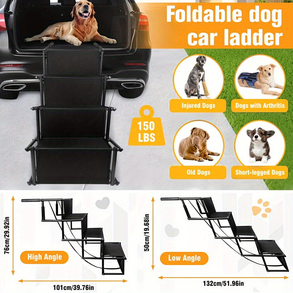 Folding Dog Car Stairs with Non-Slip Steps, Collapsible Pet Access Ladder with Attachment Strap for Cars, SUVs and Trucks, Black Upgrade Model