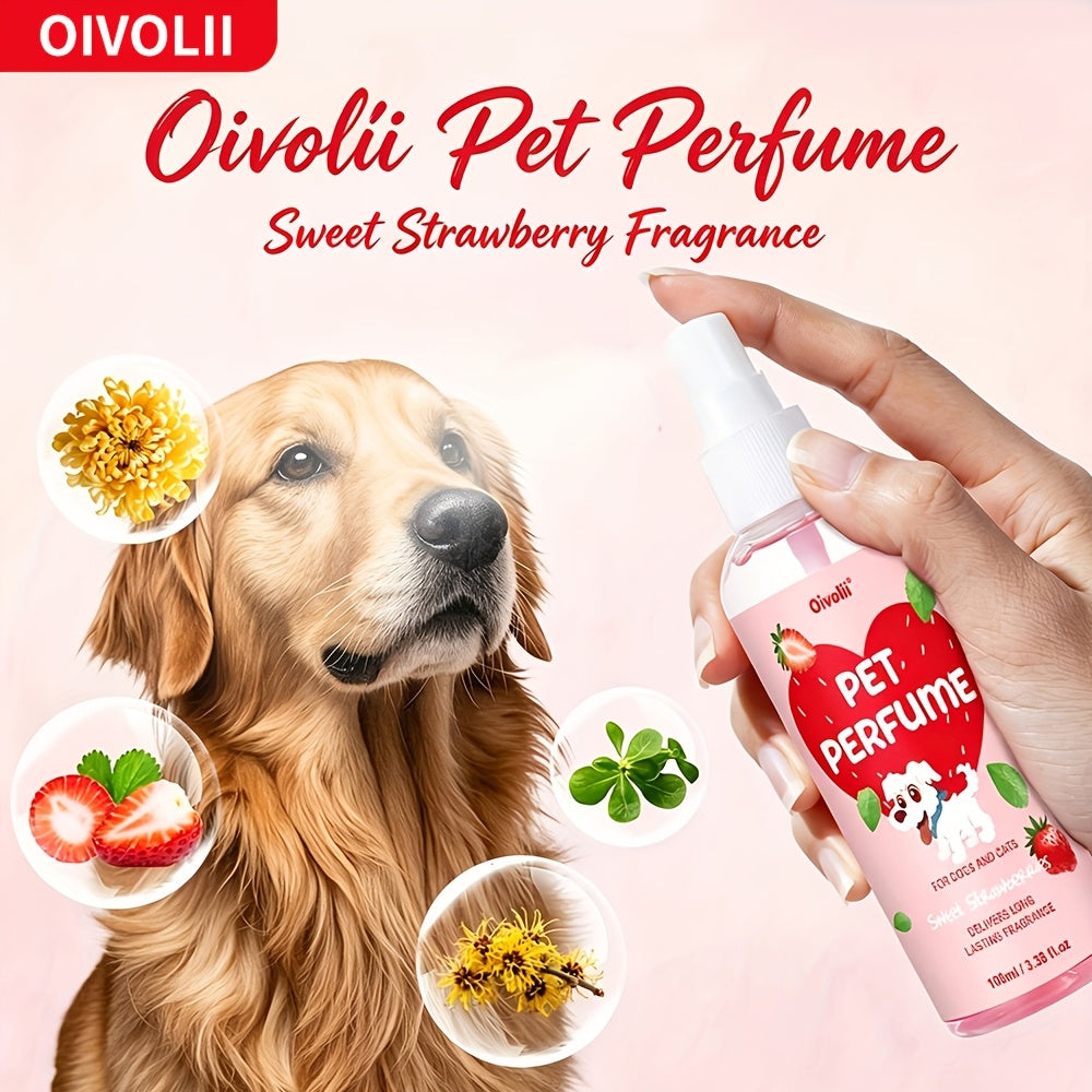 Dog Perfume Spray with Sweet Strawberry Scent, 100ml Pet Cologne and Deodorizing Mist for Label-Directed Coat and Bedding Freshening