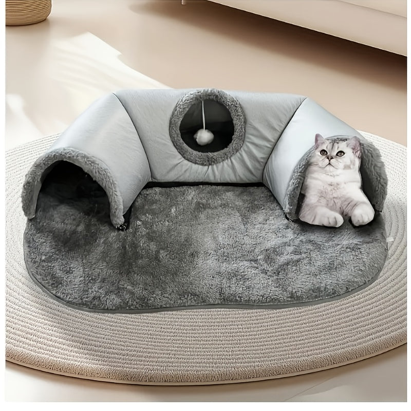 3-in-1 Cat Tunnel Bed and Playhouse, Soft Polyester Pet Hideaway with Plush Lining and Non-Slip Base for Indoor Cat Rest, Kitten Play and Rabbits