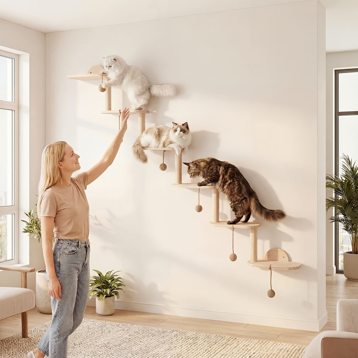 Modular Cat Wall Shelves 6-Piece Set with 5 Toy Balls, DIY Wall-Mounted Cat Tree Furniture for Indoor Climbing, Resting and Scratching
