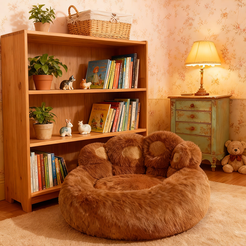 Paw Shaped Pet Bed for Dogs and Cats, Fluffy Plush Sleeping Nest with Raised Sides and Non-Slip Base, Brown Grey or Pink Red Size Options