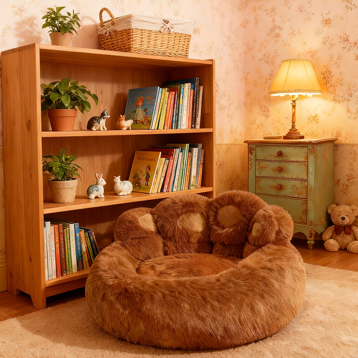 Paw Shaped Pet Bed for Dogs and Cats, Fluffy Plush Sleeping Nest with Raised Sides and Non-Slip Base, Brown Grey or Pink Red Size Options