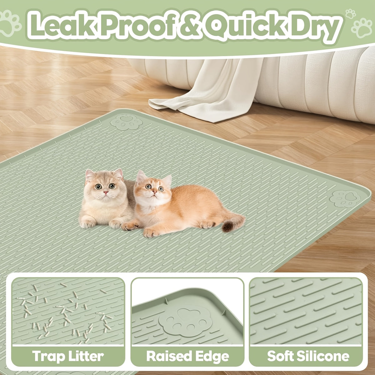 Silicone Litter Mat for Cats 40 x 28 Inches, Extra Large Soft Paw-Friendly Litter Trapping Floor Protector, Rinse-Clean in Khaki or Green
