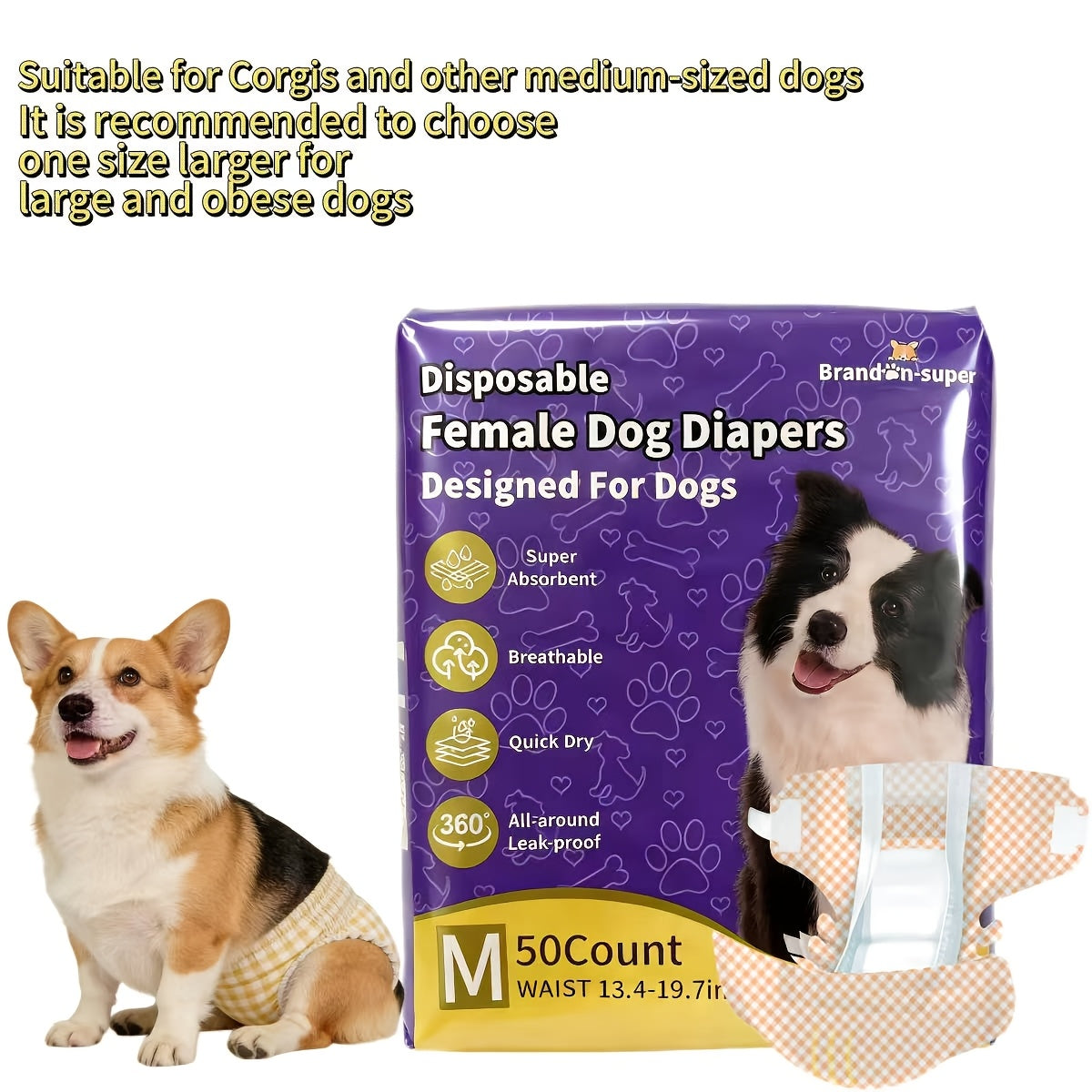 Absorbent Disposable Dog Diapers 50 Pack, Male and Female Style Options in XS to L for Puppies, Senior Dogs and Everyday Accident Care