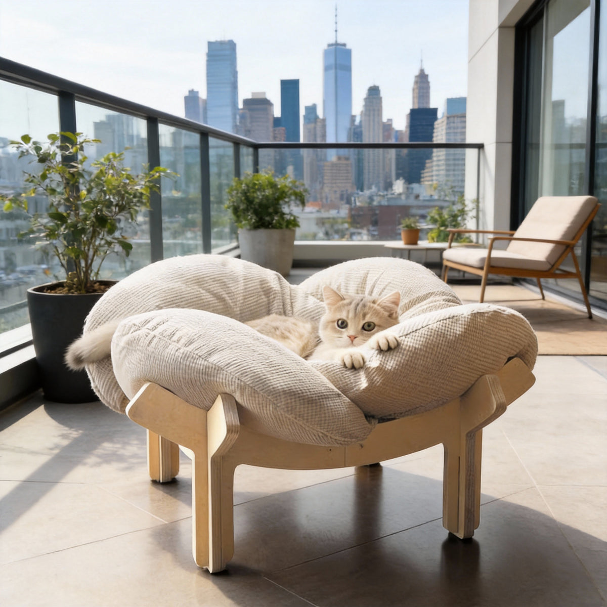 Raised Wooden Cat Bed with Sky Blue Cushion, Solid Wood High-Leg Pet Sofa for Cats and Small Dogs, Includes Assembly Hardware and Tools